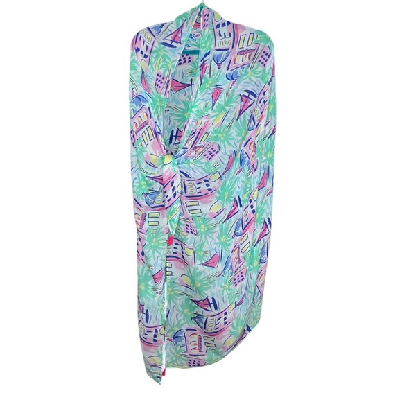 Stella & Dot‎ Women's Pareo Scarf Green Blue Palm City Triangular Tassel Resort - Picture 1 of 6